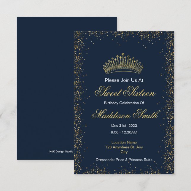 Blue Elegant Sweet Sixteen Invitations  (Front/Back)