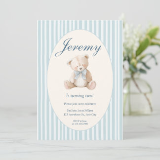 Blue Elegant Teddy Bear Baby's First Birthday Invi Invitation