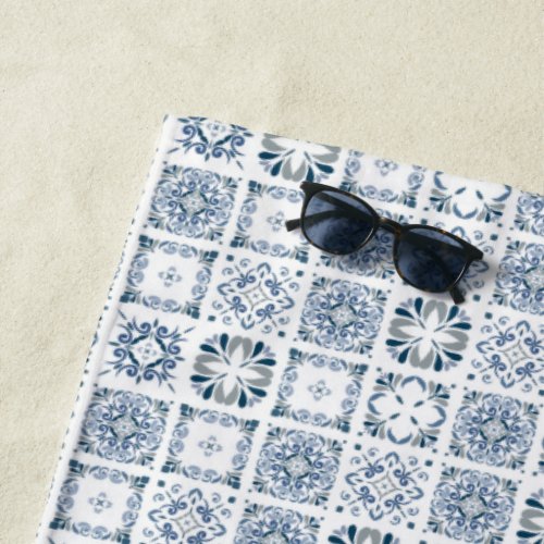 Blue Elegant Tile Vintage Beach Towel