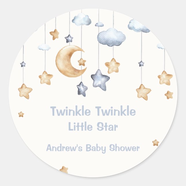 Blue Elegant Twinkle Twinkle Baby Shower Classic Round Sticker (Front)