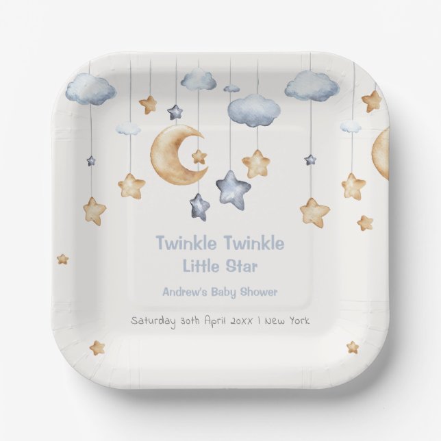 Blue Elegant Twinkle Twinkle Baby Shower Paper Plates (Front)