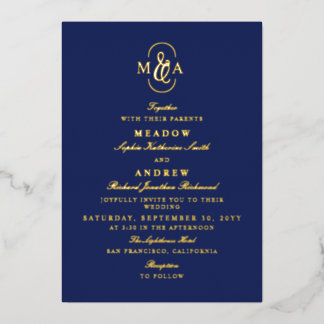 Blue Elegant Typography Ampersand Monogram Wedding Foil Invitation