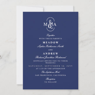 Blue Elegant Typography Ampersand Monogram Wedding Invitation