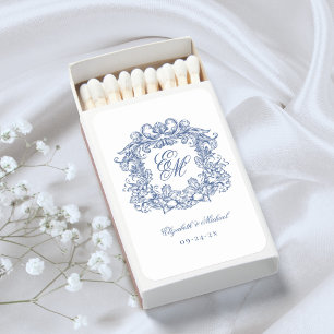Blue Elegant Vintage Crest Wedding Monogram Favor Matchboxes