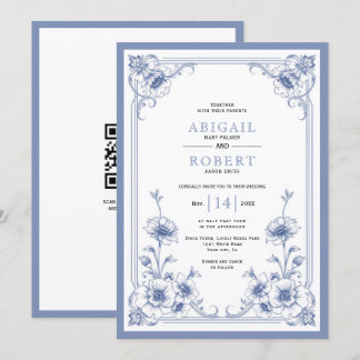 Blue elegant vintage floral frame QR code wedding Invitation