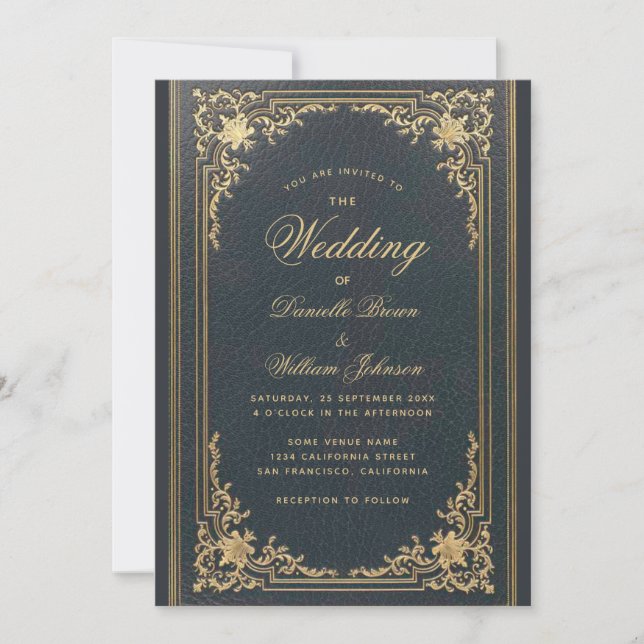 Blue Elegant Vintage Gold Calligraphy Wedding Invitation (Front)