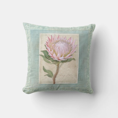 Blue Elegant Vintage Modern Floral Pink Protea Throw Pillow