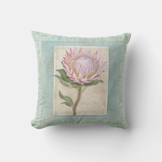 Blue Elegant Vintage Modern Floral Pink Protea Throw Pillow (Front)