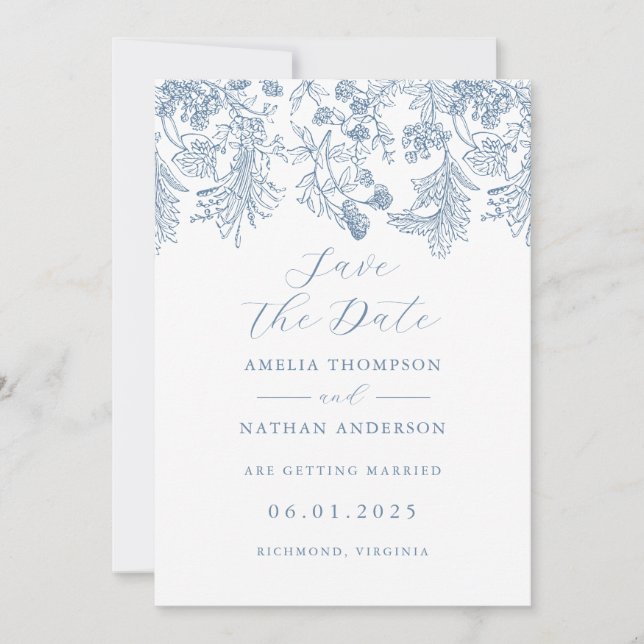 Blue Elegant Vintage Wedding Save The Date (Front)