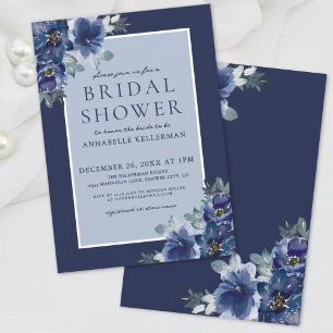 Blue Elegant Watercolor Floral Bridal Shower Invitation