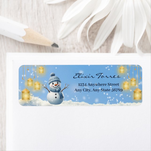 Blue Elegant Whimsical Winter Snowman Baby Shower  Label (Insitu)