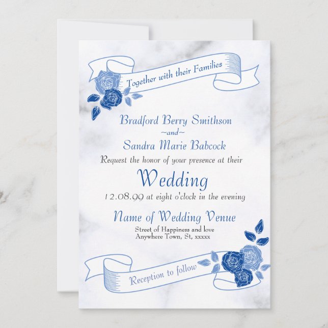 Blue Elegant White Gray Floral Heart Invitation (Front)