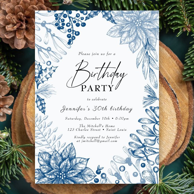 Blue Elegant Winter Christmas Birthday Party Invitation (Creator Uploaded)
