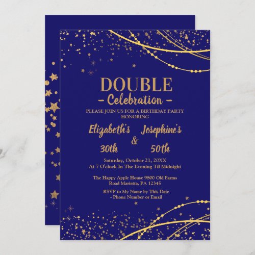 Blue elegant with gold stars double joint birthday invitation