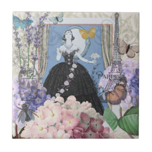 Blue Elegant Woman Floral Fancy Gown Ceramic Tile