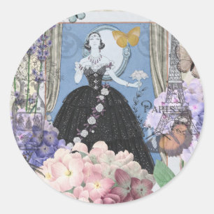 Blue Elegant Woman Floral Fancy Gown Classic Round Sticker