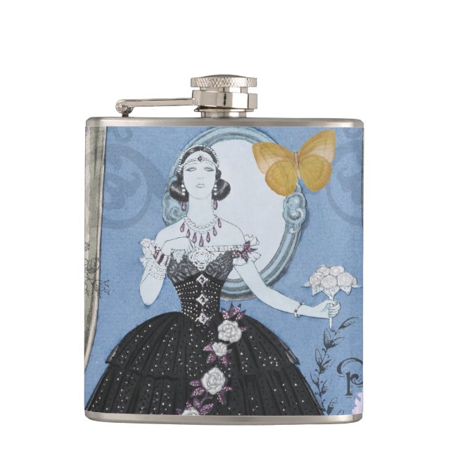 Blue Elegant Woman Floral Fancy Gown  Flask (Front)
