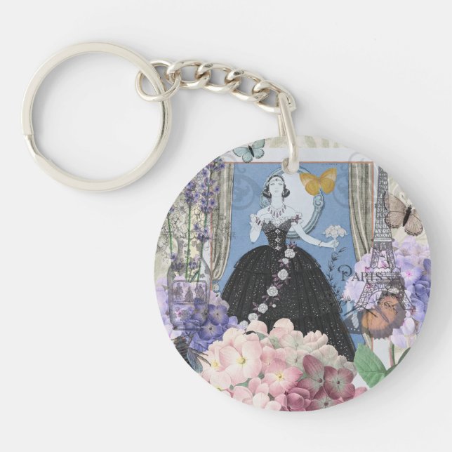 Blue Elegant Woman Floral Fancy Gown  Keychain (Front)