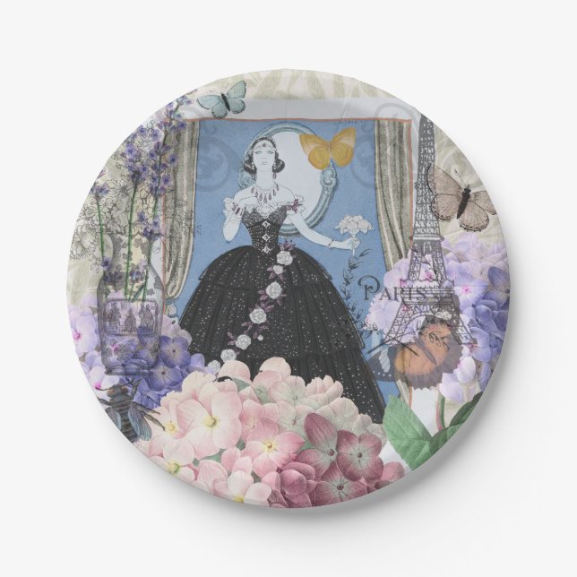 Blue Elegant Woman Floral Fancy Gown  Paper Plates (Front)