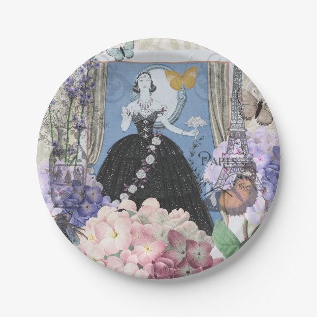 Blue Elegant Woman Floral Fancy Gown  Paper Plates (Front)