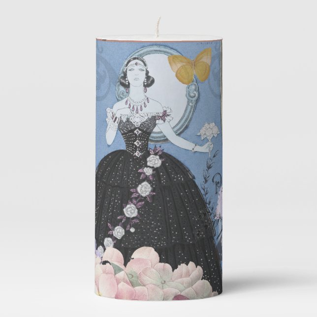 Blue Elegant Woman Floral Fancy Gown  Pillar Candle (Front)