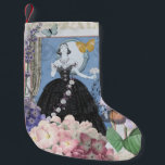 Blue Elegant Woman Floral Fancy Gown  Small Christmas Stocking<br><div class="desc">A rich Victorian era theme,  a collage that includes the fashion illustration by George Barbier from the 1920s,  and collaged together with Victorian images including flowers,  butterflies,  the Eiffel Tower and a William Morris background.</div>