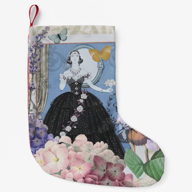 Blue Elegant Woman Floral Fancy Gown  Small Christmas Stocking (Front)