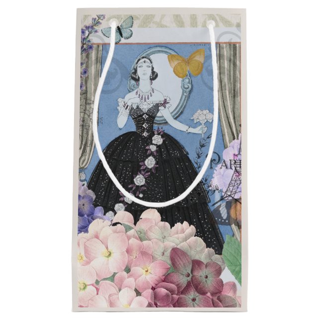 Blue Elegant Woman Floral Fancy Gown  Small Gift Bag (Front)