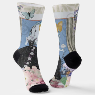 Blue Elegant Woman Floral Fancy Gown Socks