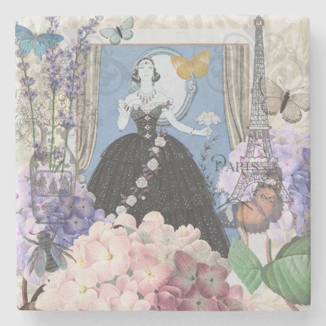 Blue Elegant Woman Floral Fancy Gown  Stone Coaster (Front)