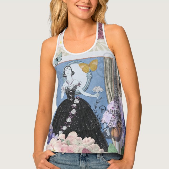 Blue Elegant Woman Floral Fancy Gown  Tank Top (Front)