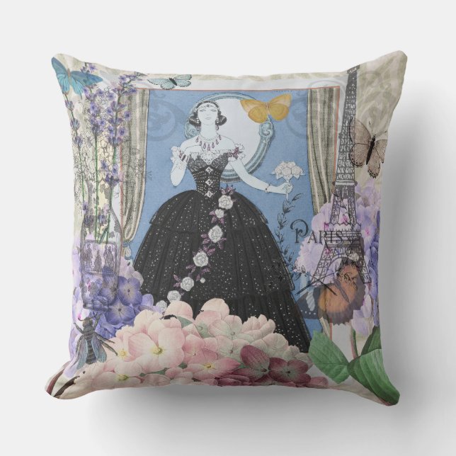 Blue Elegant Woman Floral Fancy Gown  Throw Pillow (Front)