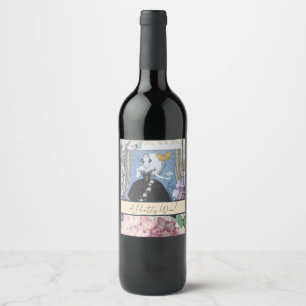 Blue Elegant Woman Floral Fancy Gown Wine Label