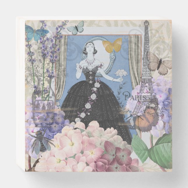 Blue Elegant Woman Floral Fancy Gown  Wooden Box Sign (Front Horizontal)
