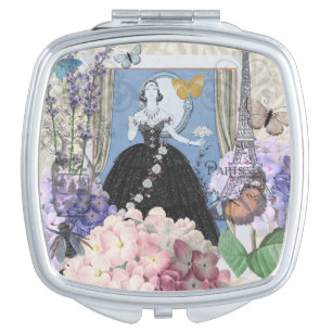 Blue Elegant Woman Floral Gown Dressy Compact Mirror