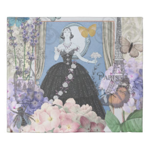 Blue Elegant Woman Floral Gown Dressy Duvet Cover