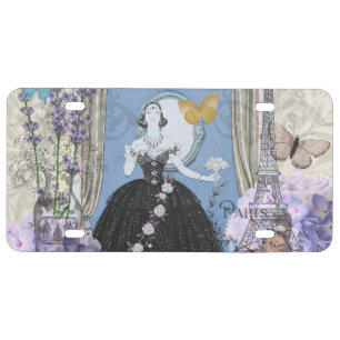 Blue Elegant Woman Floral Gown Dressy License Plate