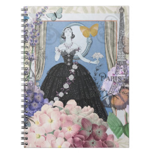 Blue Elegant Woman Floral Gown Dressy Notebook