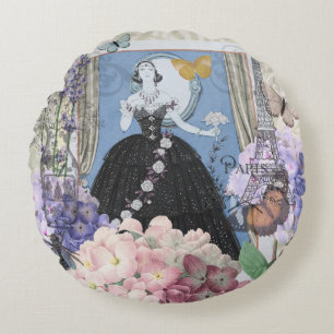 Blue Elegant Woman Floral Gown Dressy Round Pillow