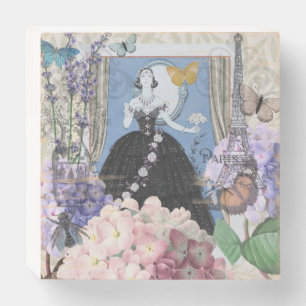 Blue Elegant Woman Floral Gown Dressy Wooden Box Sign