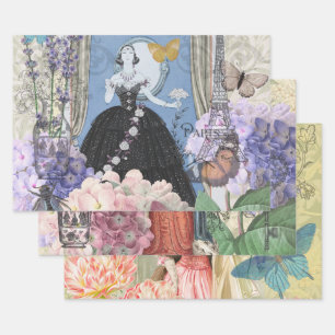 Blue Elegant Woman Floral Gown Dressy Wrapping Paper Sheets