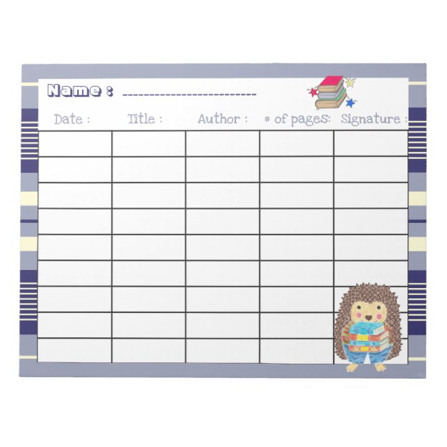 Blue elementary school reading log template notepad (Front)