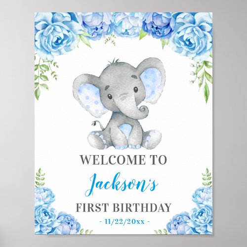 Blue Elephant 1st 2nd 3rd Birthday Party Welcome Poster