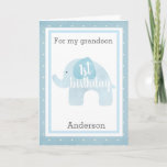 Blue Elephant 1st Birthday Grandson Card<br><div class="desc">A sweet blue elephant 1st birthday grandson card. It features a soft blue watercolor elephant, which says "1st birthday". You will be able to personalize the front of the card with your grandson's name. The inside card message can also be easily personalized. The back of this elephant grandson 1st birthday...</div>