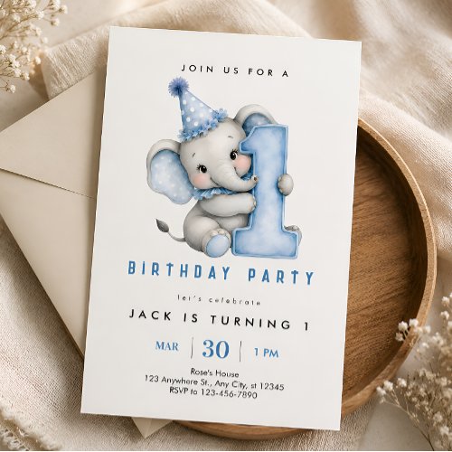 Blue Elephant 1st Birthday Invitation for Boy