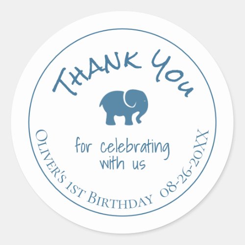 Blue Elephant 1st Birthday Thank You Classic Round Sticker