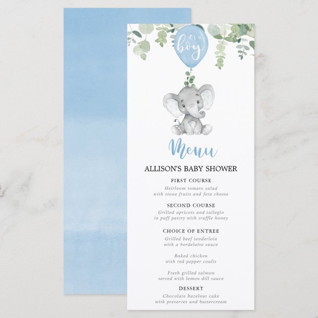 Blue elephant and balloons baby shower menu (Front/Back)