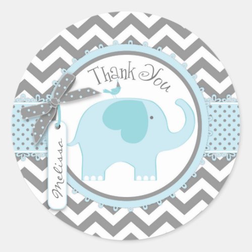 Blue Elephant and Chevron Print Thank You Classic Round Sticker