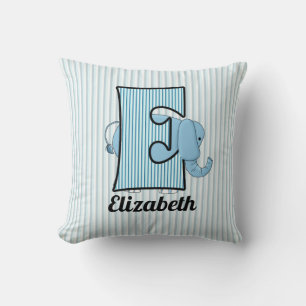 Blue Elephant and Stripes Letter E Kids Throw Pillow
