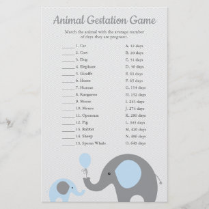 Blue Elephant Animal Gestation Match Shower Game